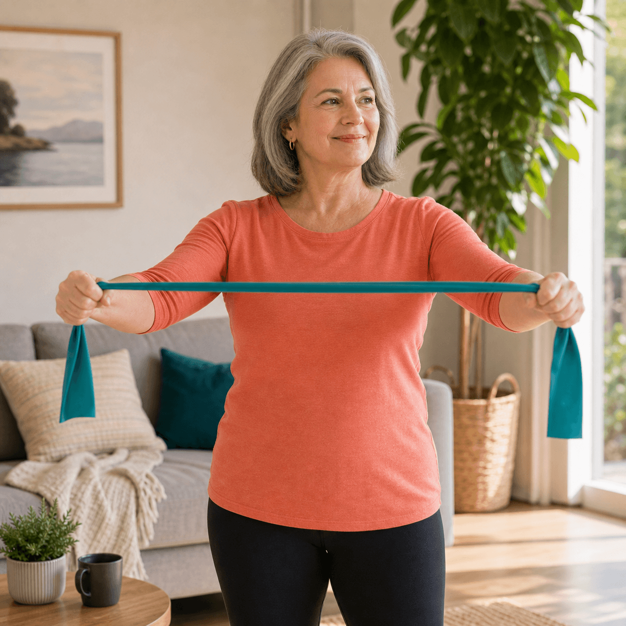 A woman exercising with a resistance band at home in a light-filled living room.